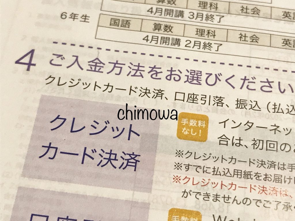 Z会小学生入会案内書2019より入金方法のページ「クレジットカード決済」の写真
