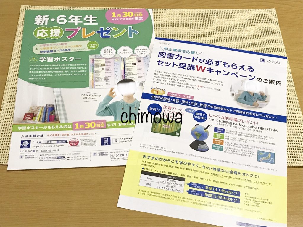 資料と一緒に届いた入会プレゼントほかZ会のキャンペーン案内の写真
